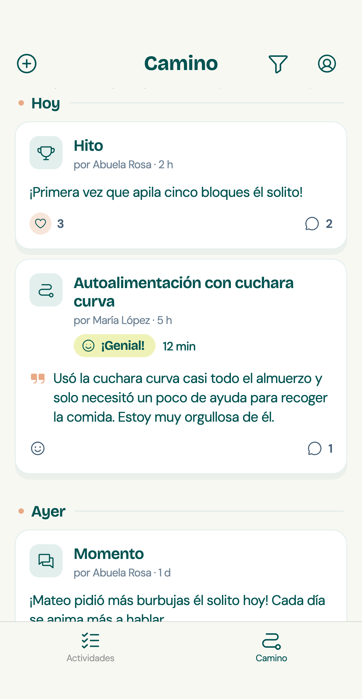 La pantalla Camino de la app para familias, donde los cuidadores comparten hitos y momentos.