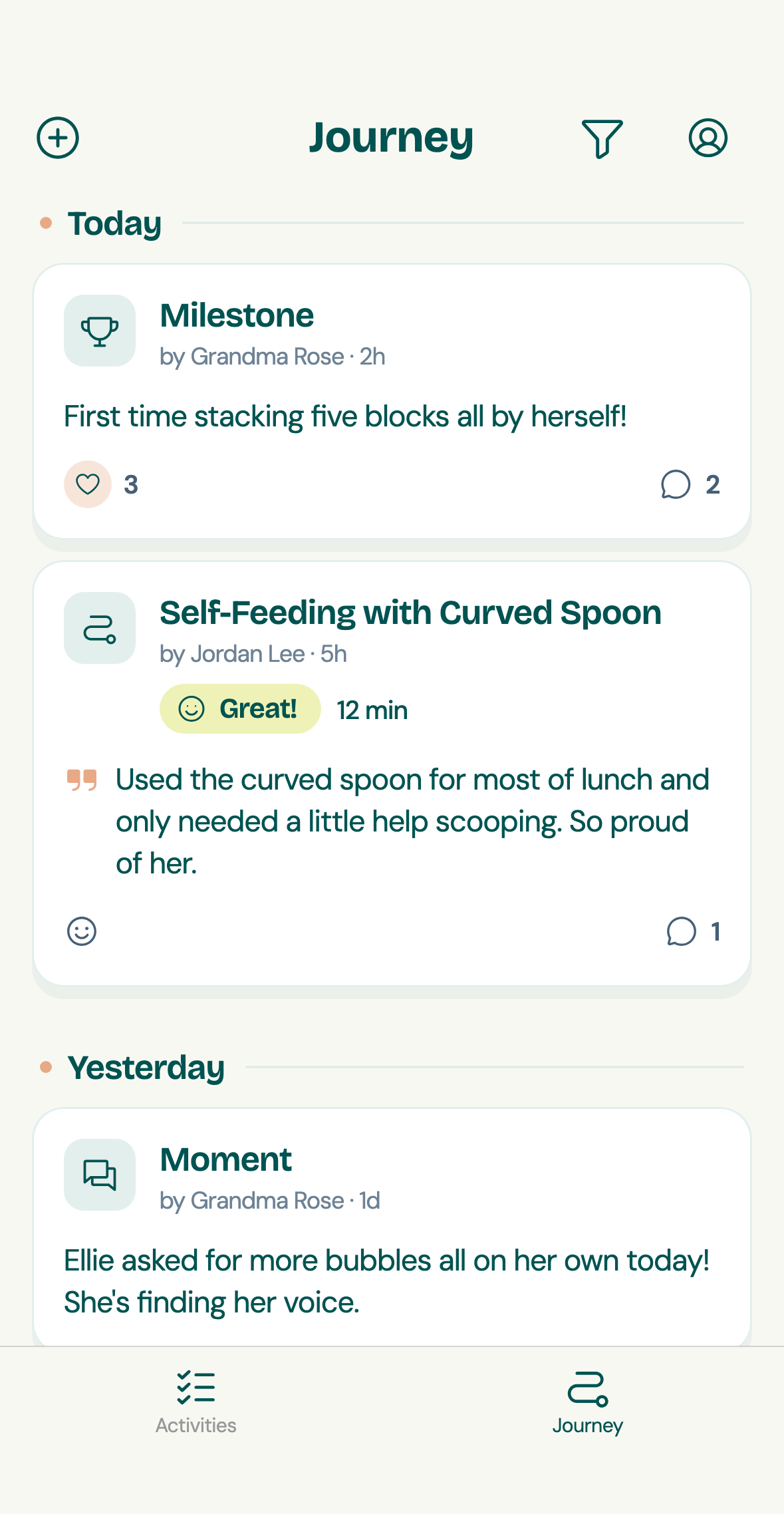 The Journey screen in the family app, where caregivers share milestones and moments.