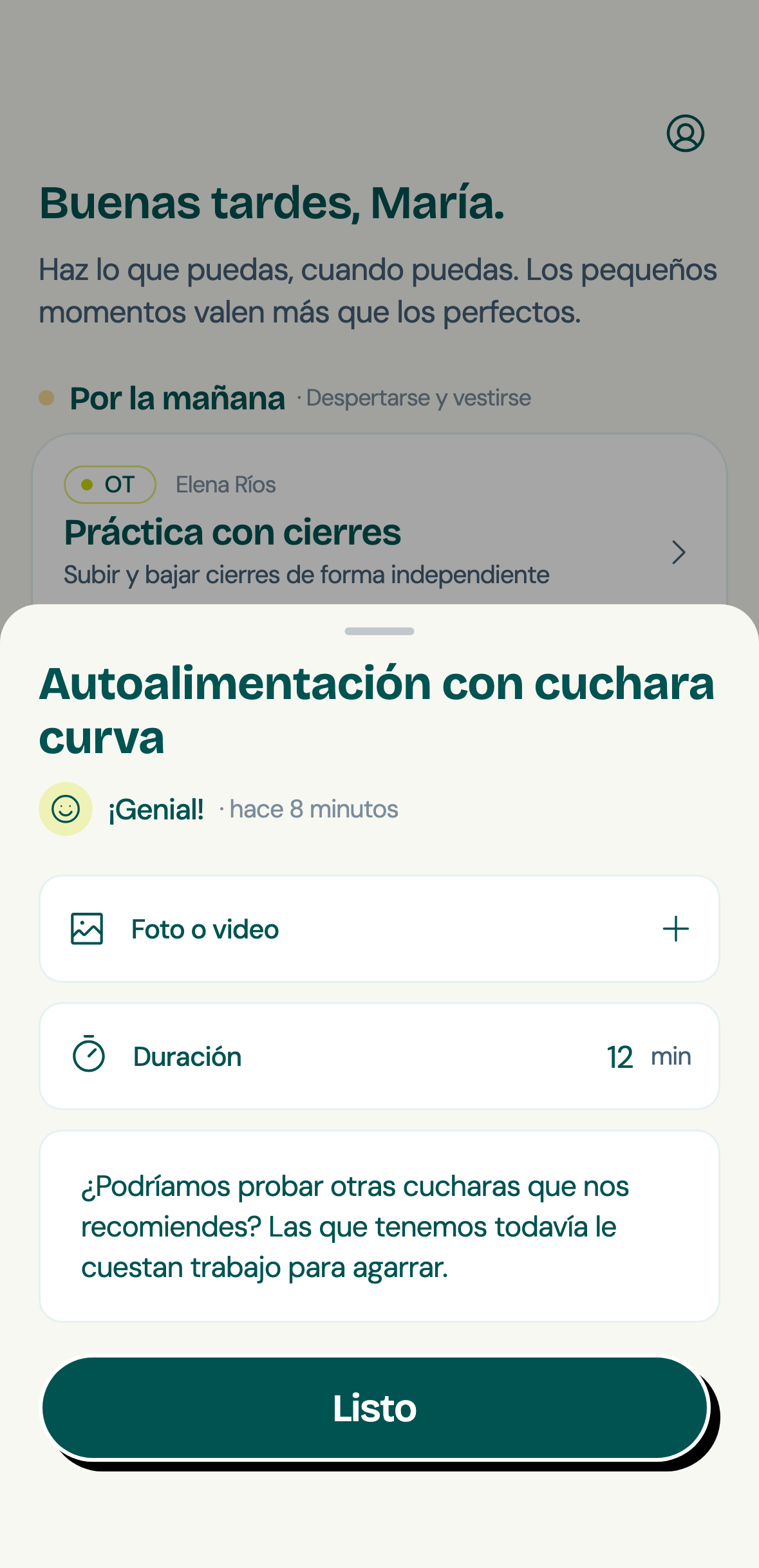 La app de Cove para familias después de registrar una actividad: calificada como “¡Genial!”, 12 minutos, con una pregunta de la familia sobre probar otras cucharas.