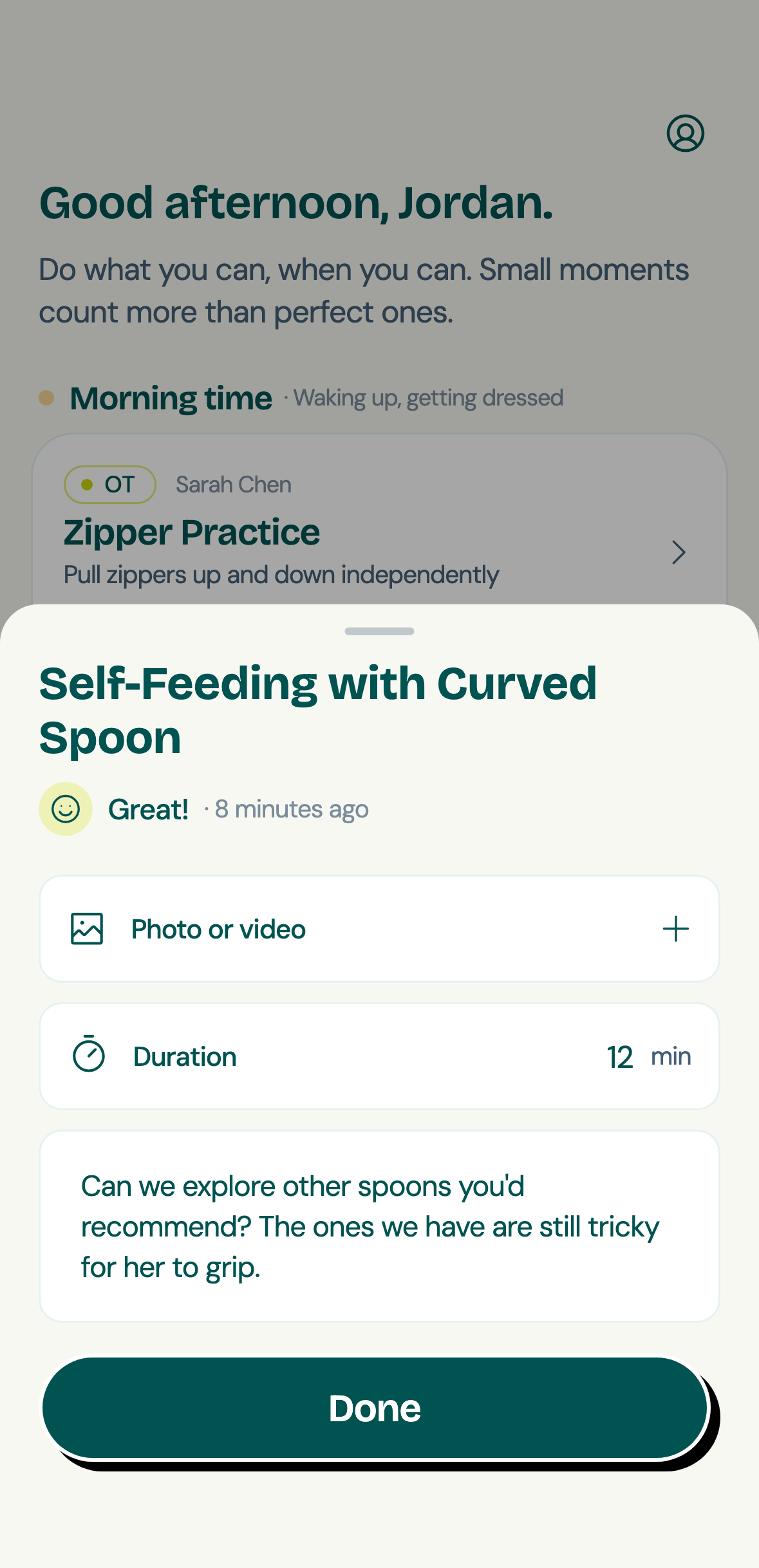 The Cove family app after logging an activity: rated “Great!”, 12 minutes, with a parent’s question about trying other spoons.