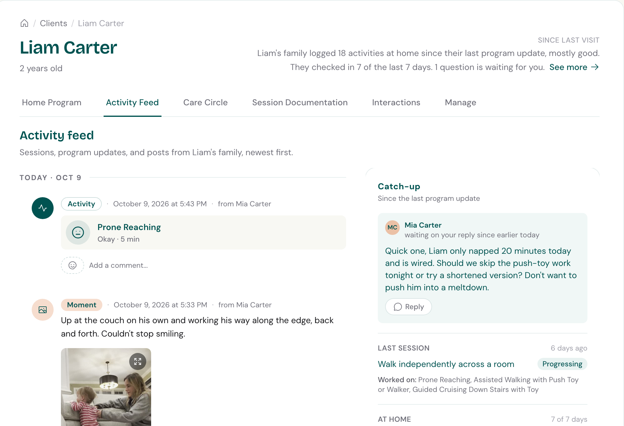 A child’s activity feed in the Cove provider app: what the family practiced and shared this week, with a catch-up of open questions and the last visit beside it.