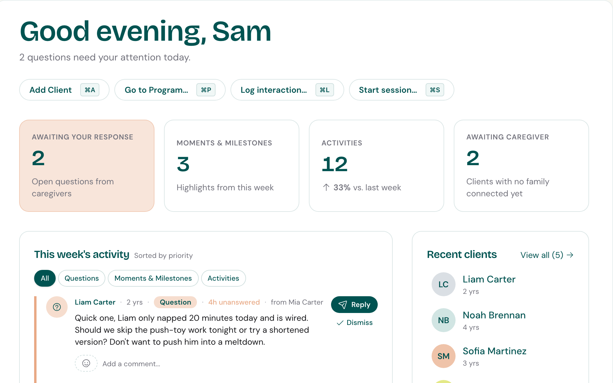 The Cove provider home screen: open questions from caregivers, the week's moments and activities, and a feed sorted by what needs a reply.