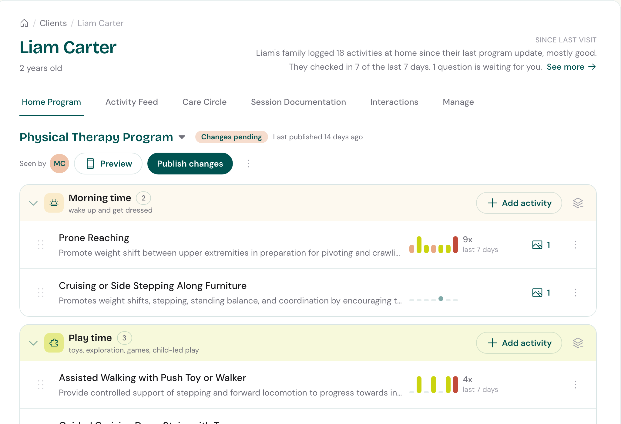 A home program in the Cove provider app: activities grouped into morning, play and bedtime routines, with how often the family practiced each one this week.